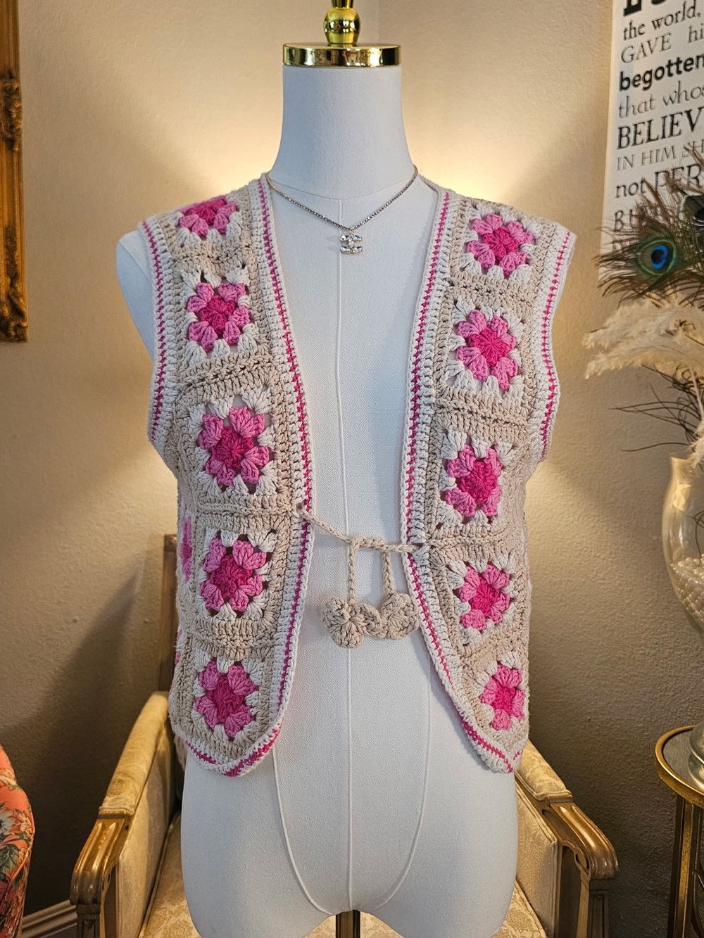 MOMO Crochet Vest with Pink Floral Squares